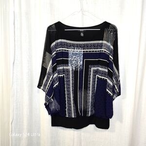 2/$30 Alfani‎ Women's L Blue & Black Sequined Graphic Top Bedazzled